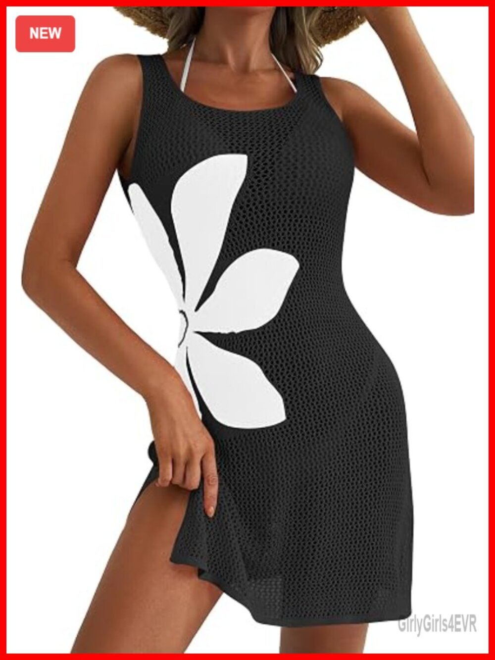 Crochet Sleeveless Low Neckline Beach Cover Up Dress with High Slit